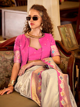 Beige soft silk contrast zari festive saree