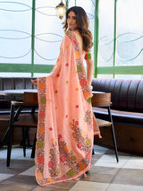 Elegant peach cotton linen saree with floral border