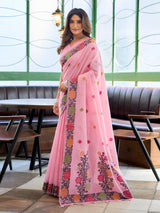 Lovely pink cotton linen saree with woven border