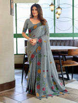 Elegant grey cotton linen saree with floral woven border