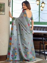 Elegant grey cotton linen saree with floral woven border