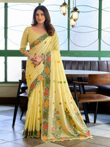 Radiant lemon yellow cotton linen saree with floral border