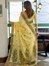Radiant lemon yellow cotton linen saree with floral border