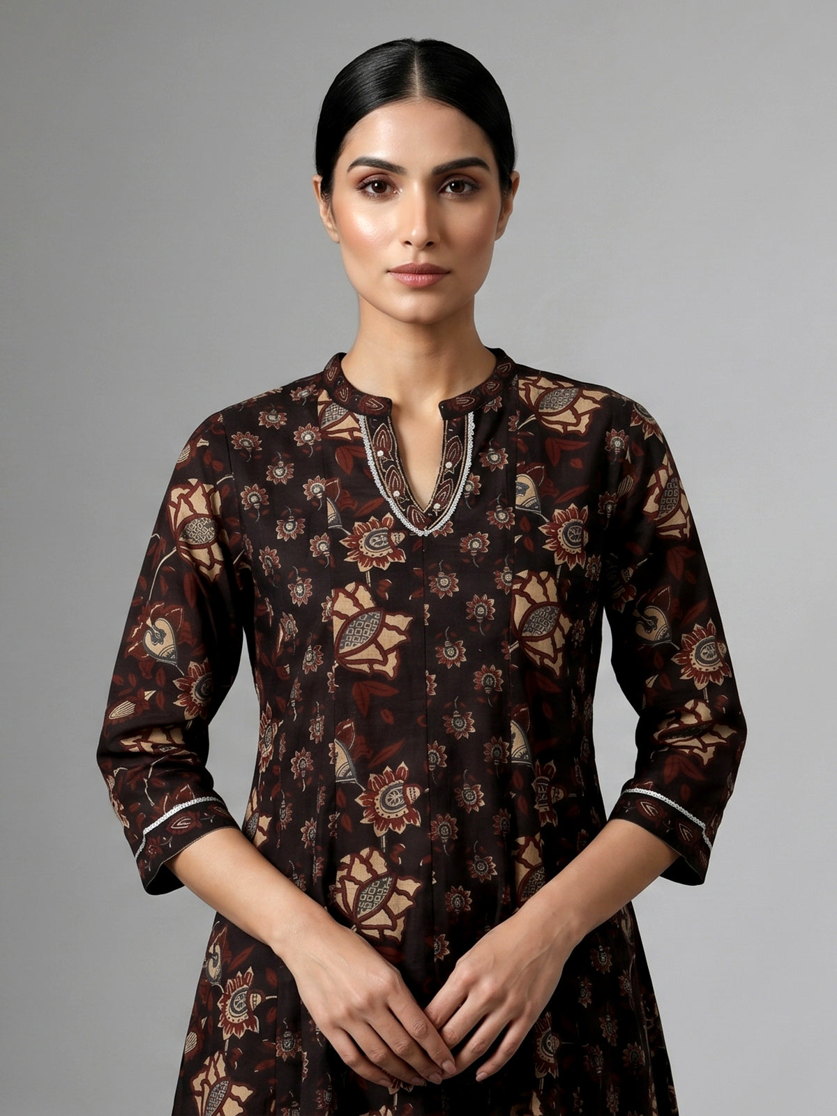 Black cotton kurti set with floral printed elegance