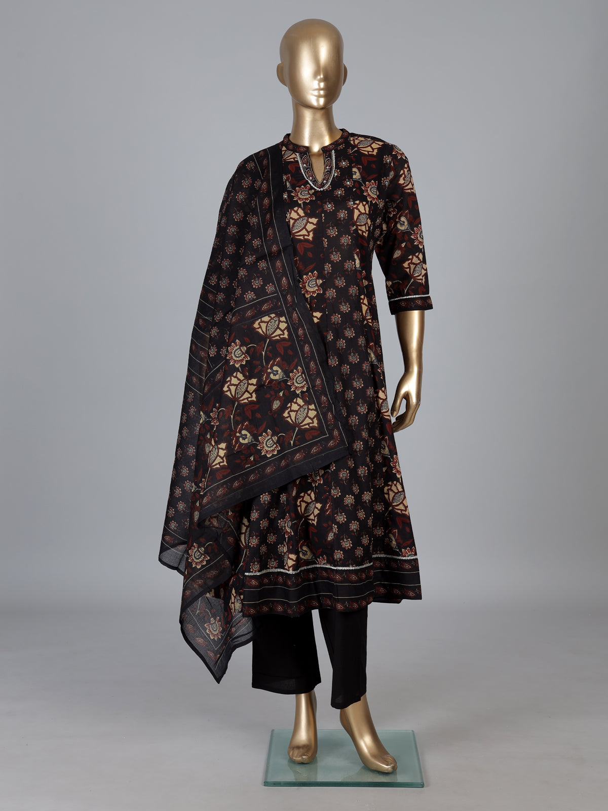 Black cotton kurti set with floral printed elegance