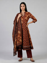Brown cotton kurti set with floral printed charm