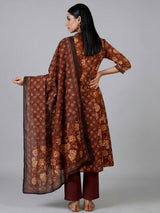 Brown cotton kurti set with floral printed charm