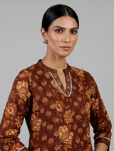 Brown cotton kurti set with floral printed charm