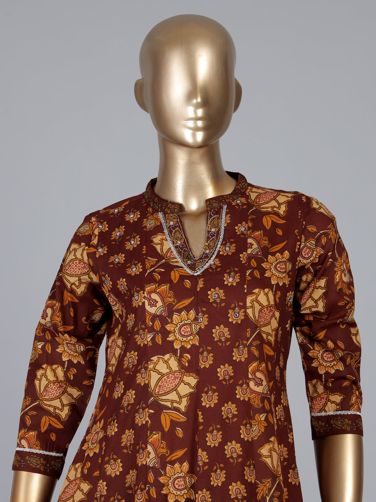 Brown cotton kurti set with floral printed charm