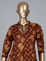 Brown cotton kurti set with floral printed charm