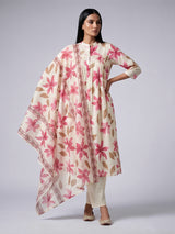Off white cotton kurti set with pink floral print