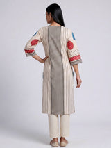 Beige silk straight cut kurti set with print