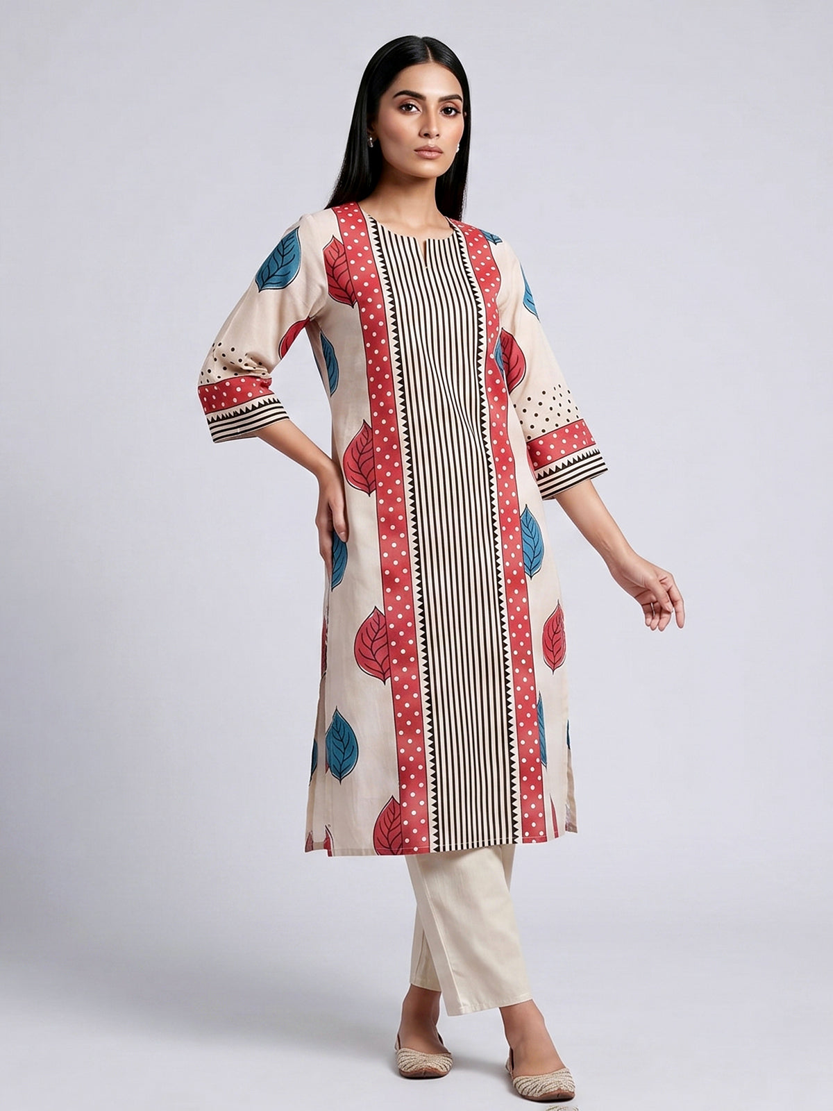 Beige silk straight cut kurti set with print
