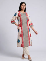 Beige silk straight cut kurti set with print