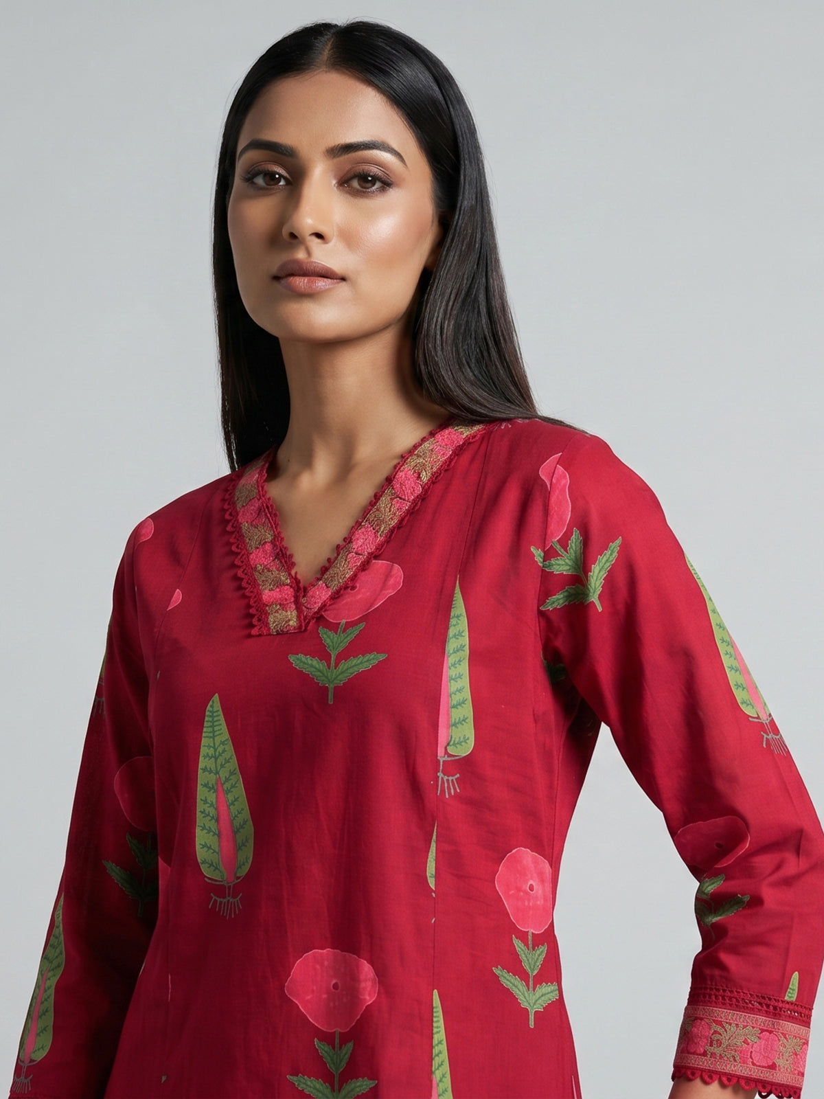 Maroon cotton kurti set with floral printed design