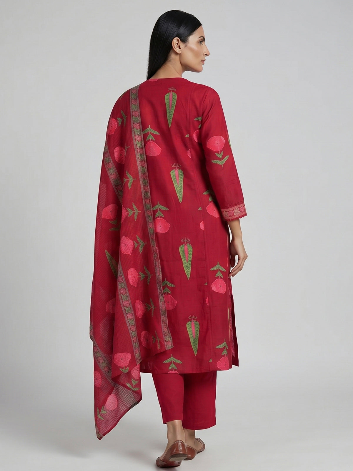 Maroon cotton kurti set with floral printed design