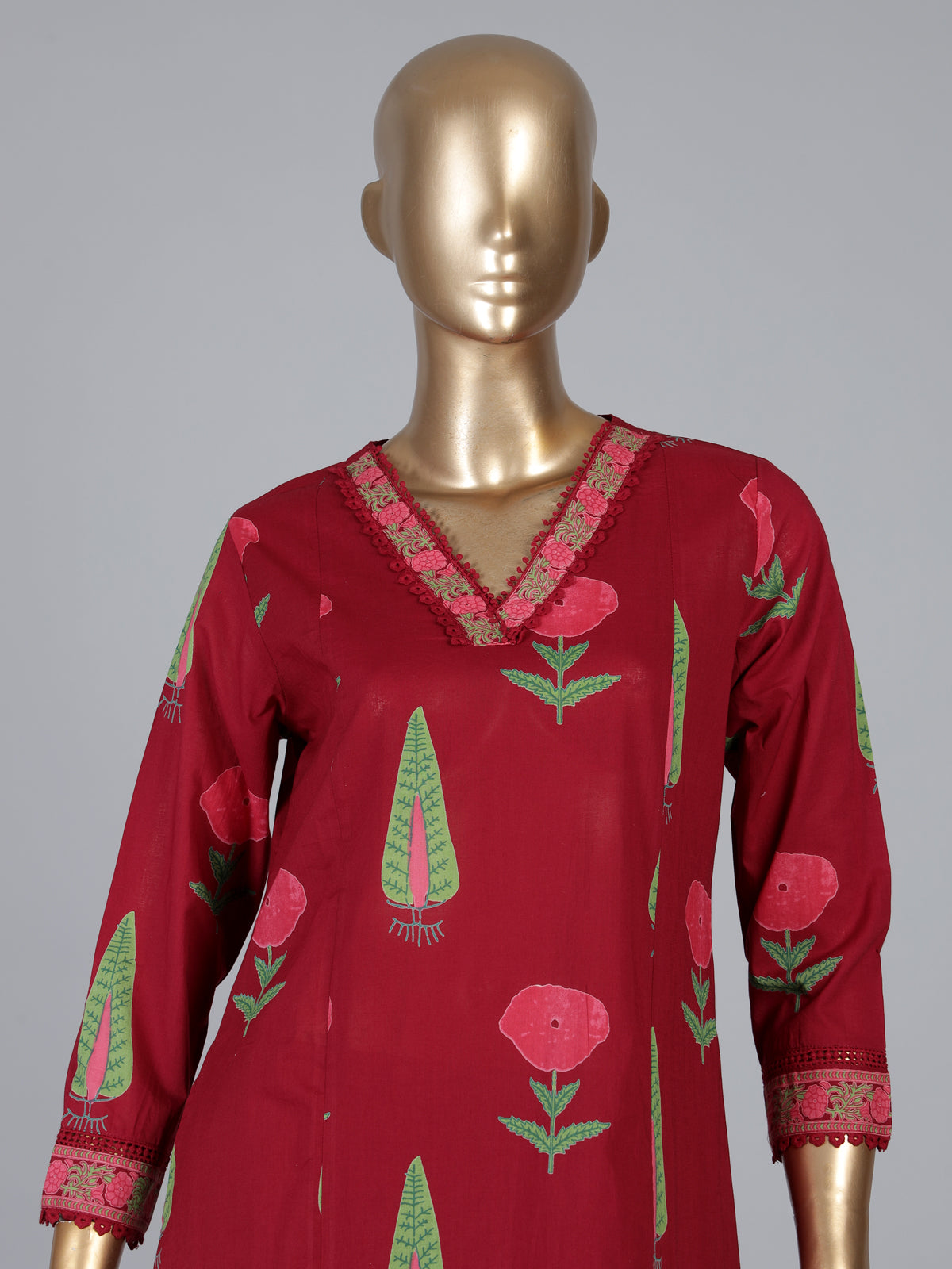 Maroon cotton kurti set with floral printed design