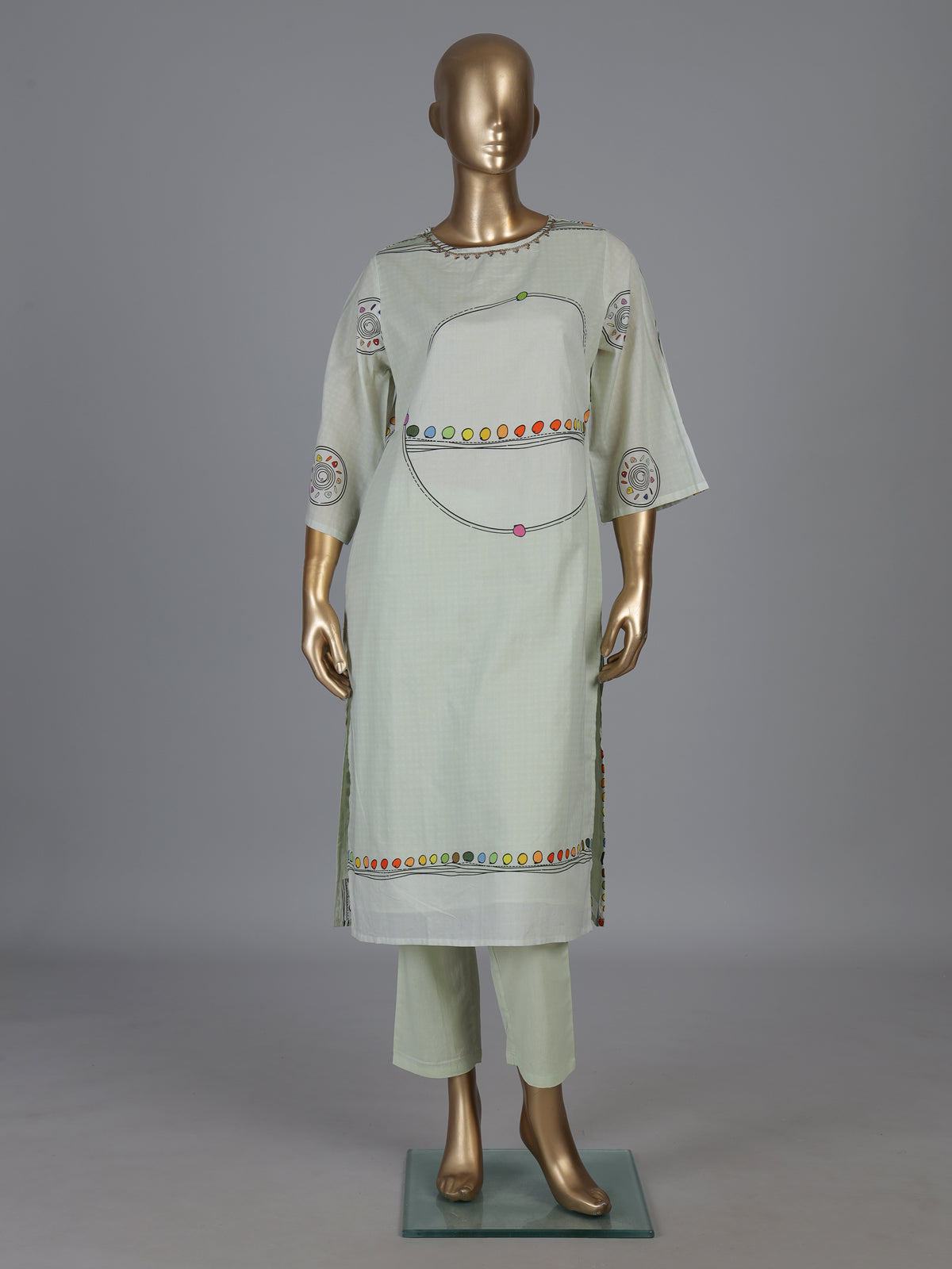 Mint green cotton kurti set with sequin accents