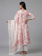 White cotton linen kurti set with floral yoke