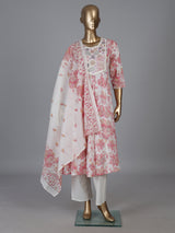 White cotton linen kurti set with floral yoke