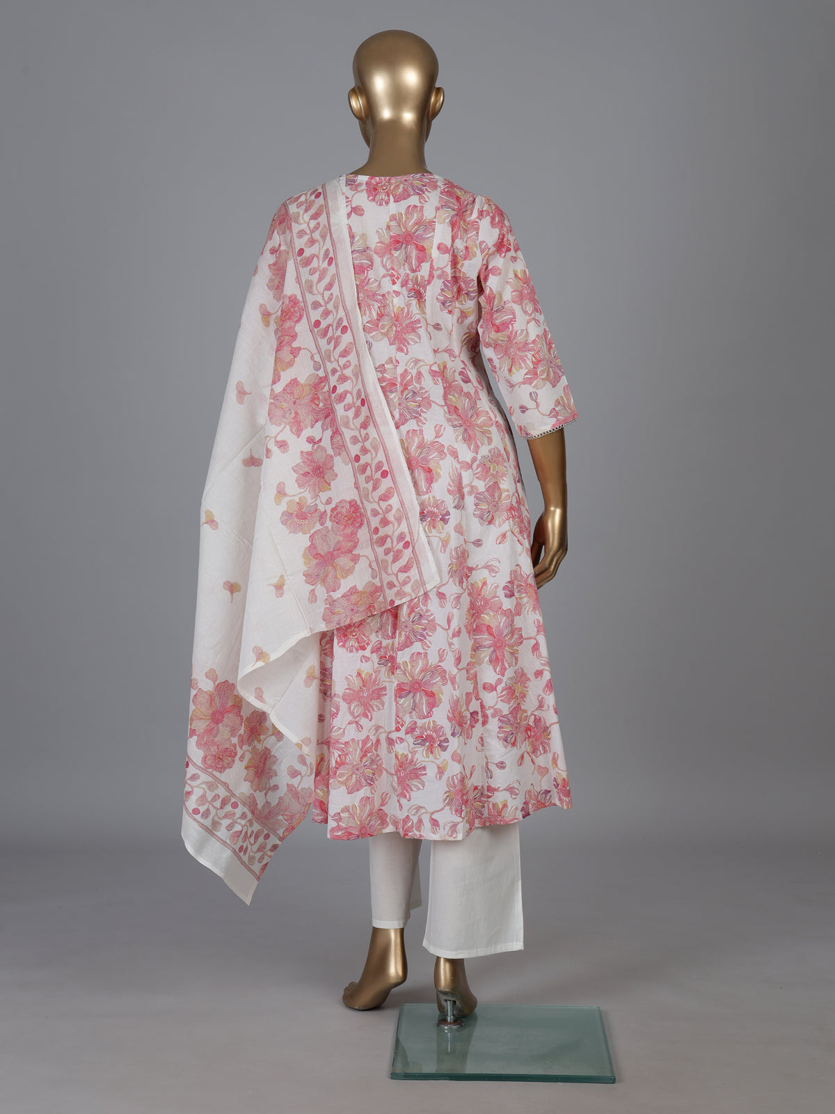 White cotton linen kurti set with floral yoke