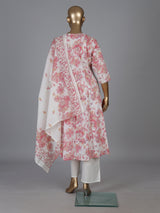 White cotton linen kurti set with floral yoke