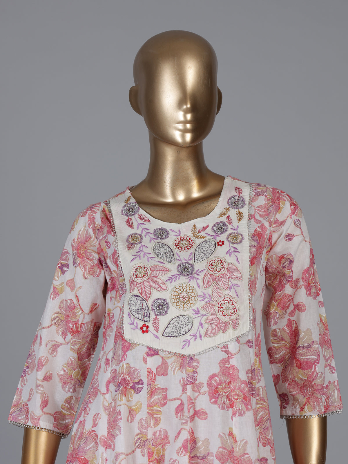 White cotton linen kurti set with floral yoke