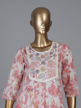 White cotton linen kurti set with floral yoke