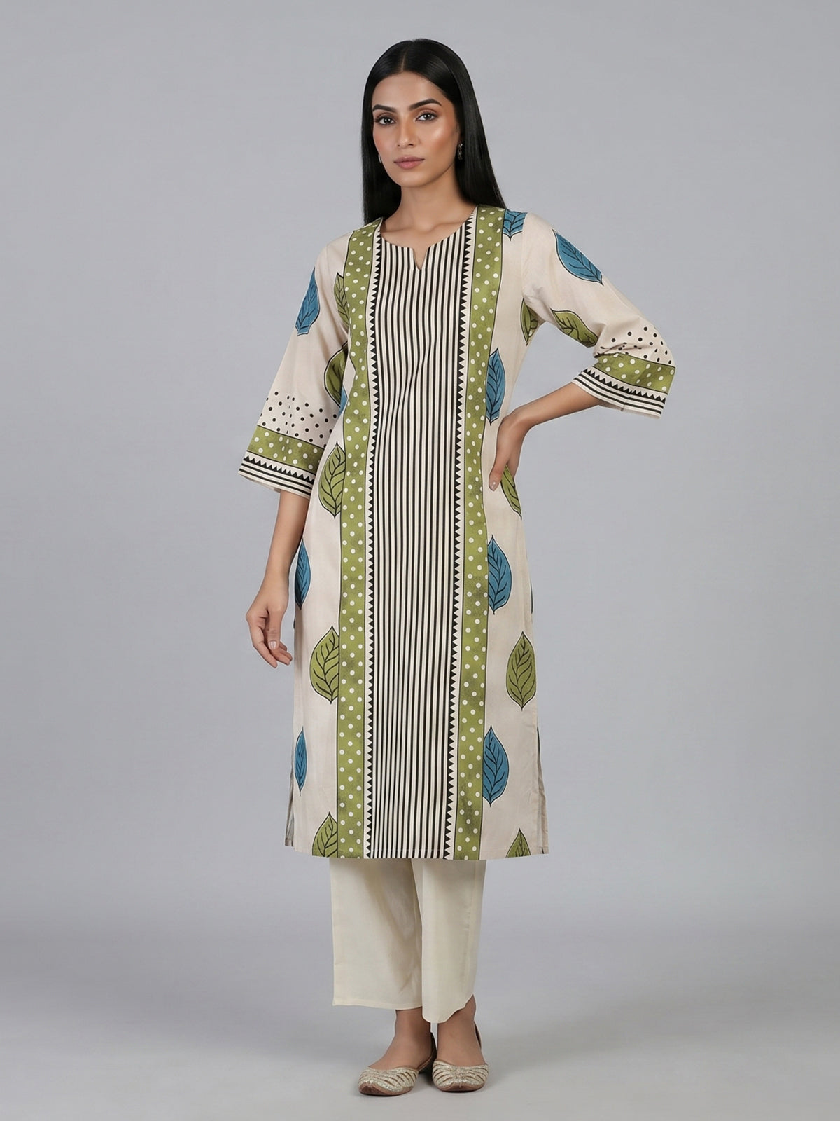 Beige silk straight cut kurti set with print for women