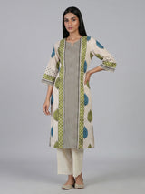Beige silk straight cut kurti set with print for women