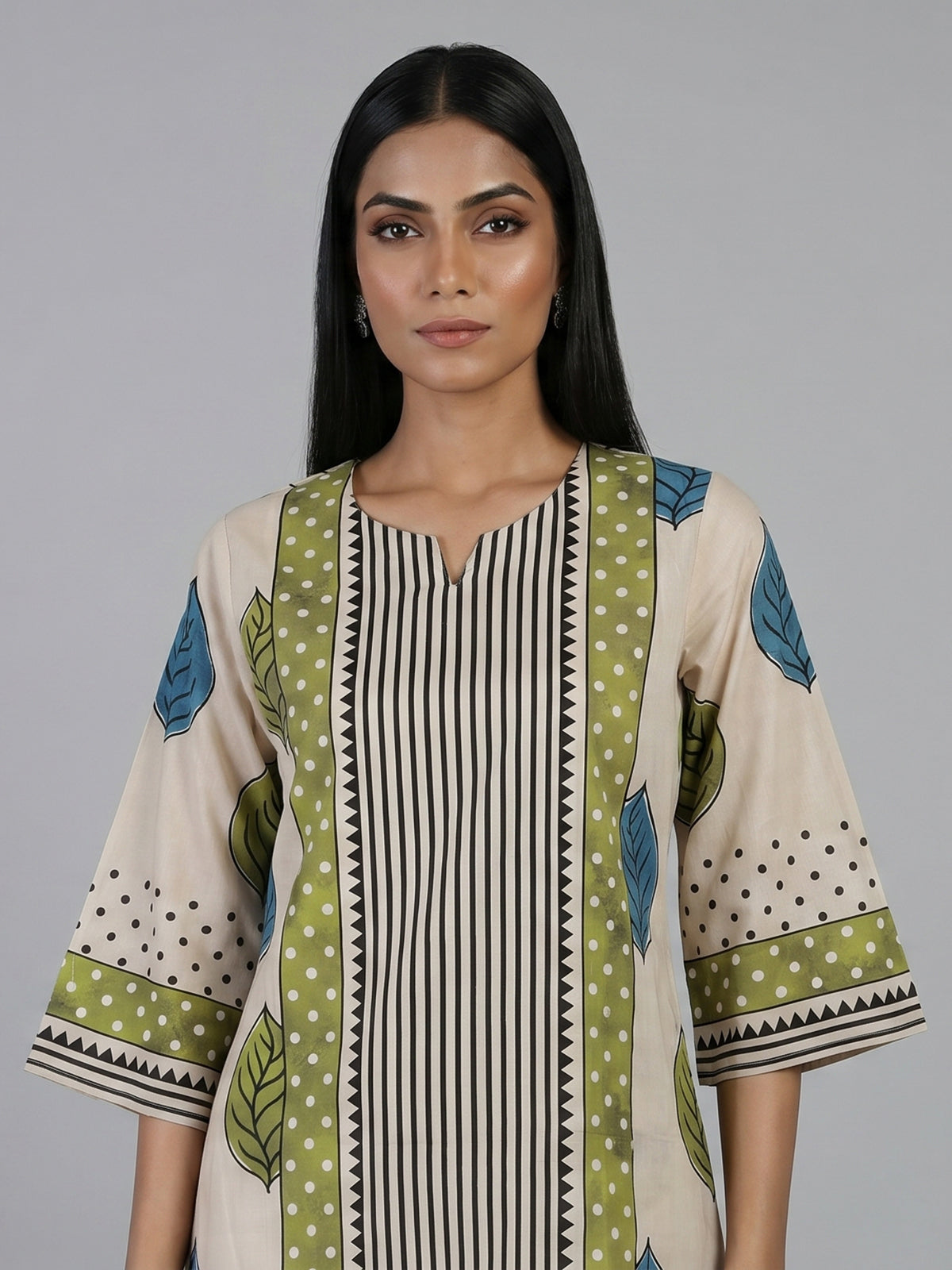 Beige silk straight cut kurti set with print for women