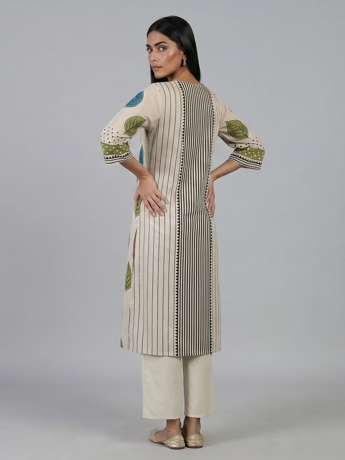 Beige silk straight cut kurti set with print for women