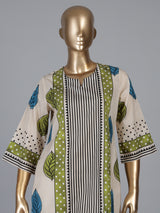 Beige silk straight cut kurti set with print for women