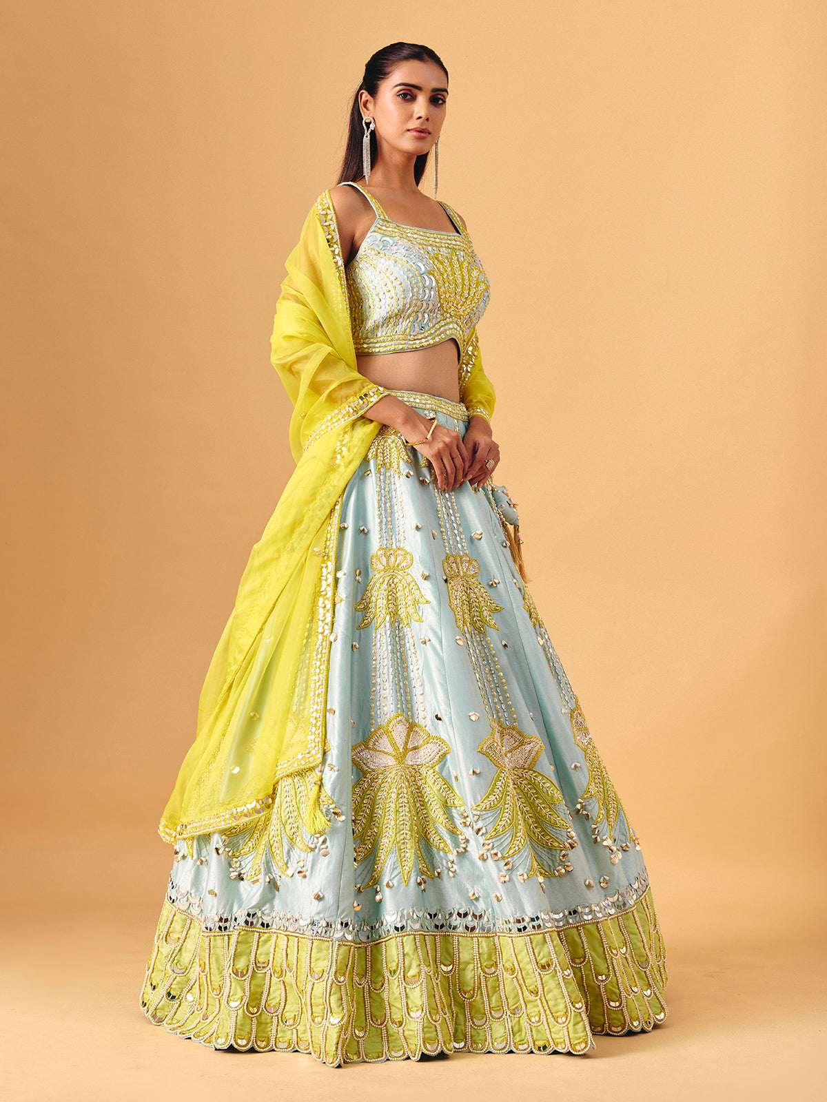 Mint blue yellow silk lehenga choli with mirror accents