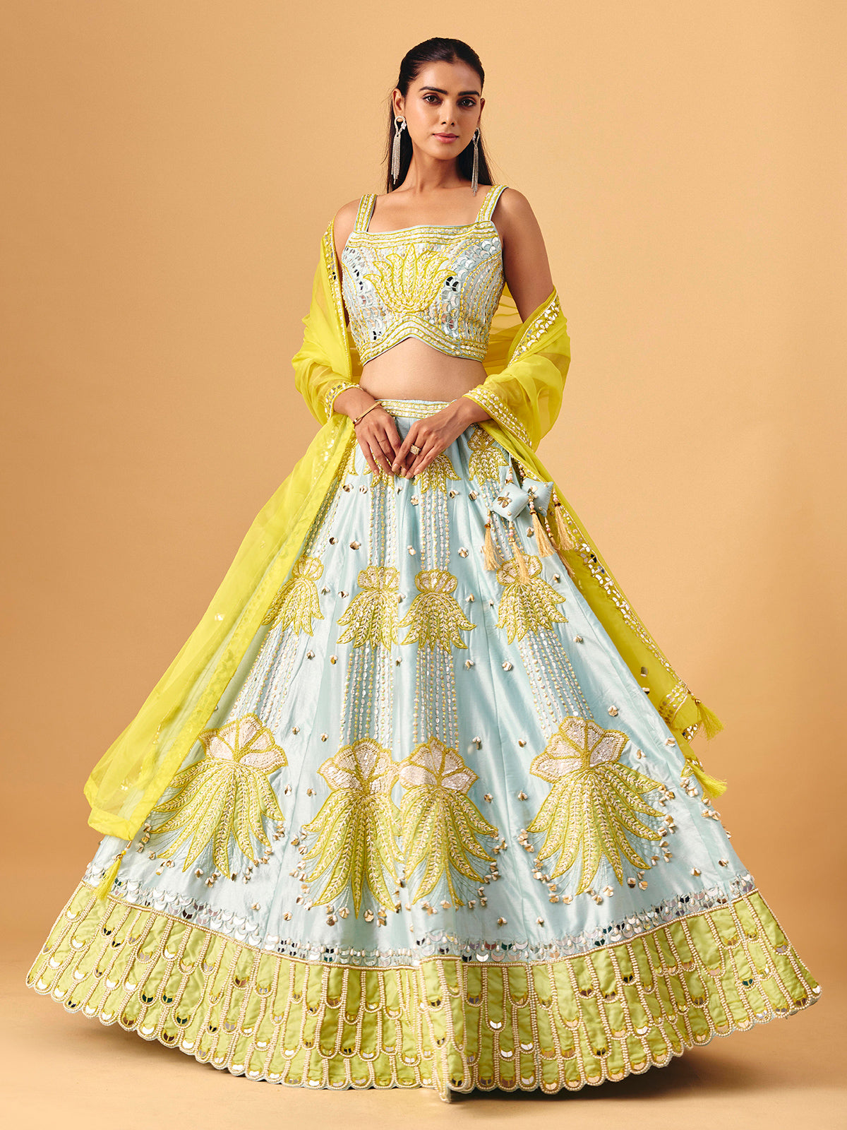Mint blue yellow silk lehenga choli with mirror accents