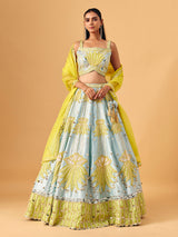 Mint blue yellow silk lehenga choli with mirror accents