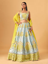 Mint blue yellow silk lehenga choli with mirror accents