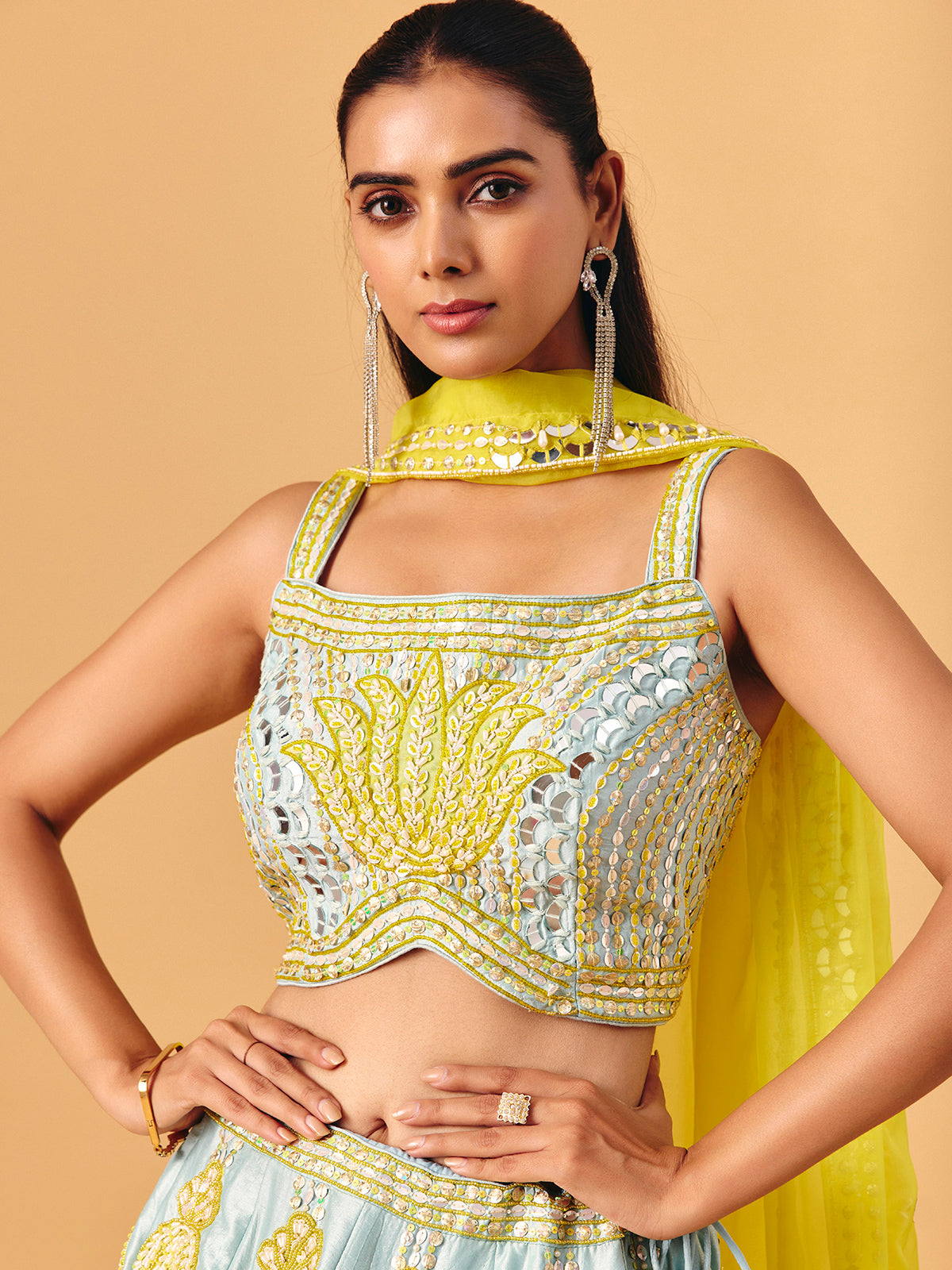 Mint blue yellow silk lehenga choli with mirror accents