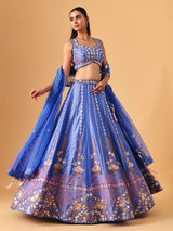 Royal blue silk lehenga choli with pearl embellished artistry
