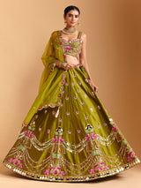 Mehendi olive raw silk lehenga choli with mirror detailing