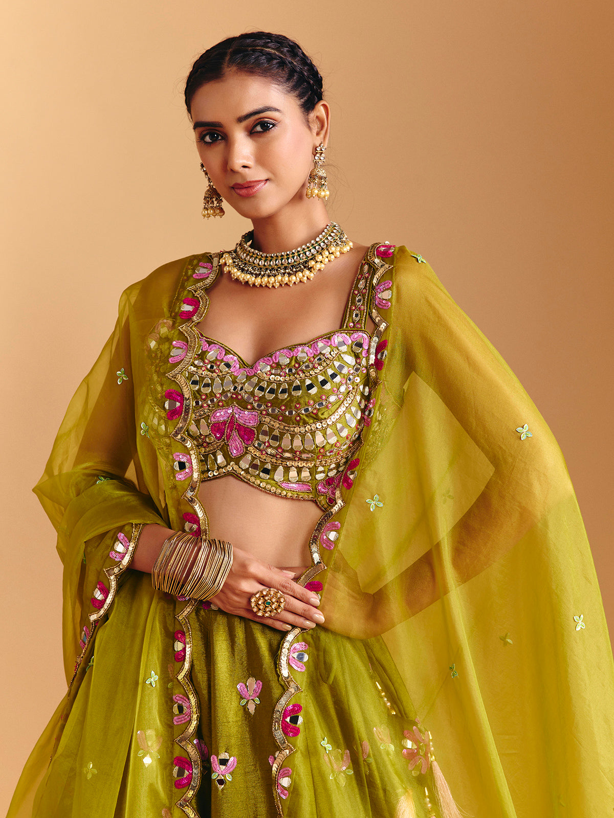 Mehendi olive raw silk lehenga choli with mirror detailing