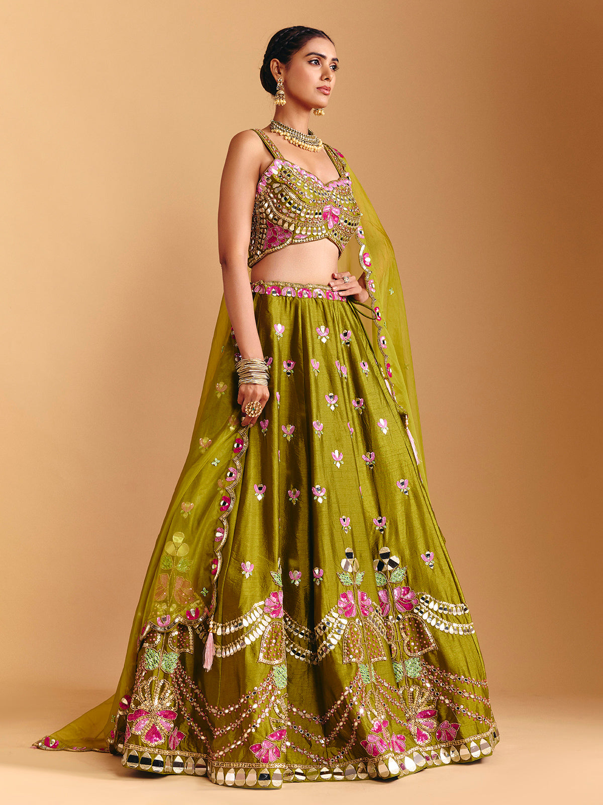 Mehendi olive raw silk lehenga choli with mirror detailing