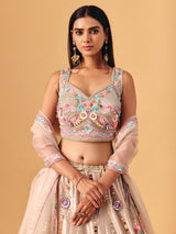 Beige silk lehenga choli with pearls and sequin elegance