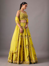Lemon yellow raw silk lehenga choli with pearl embellishments
