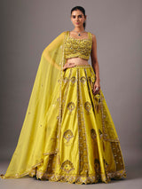 Lemon yellow raw silk lehenga choli with pearl embellishments