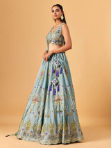Light grey raw silk lehenga choli with zardosi accents