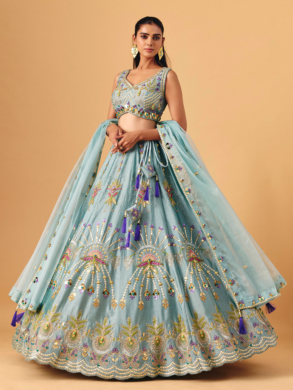 Light grey raw silk lehenga choli with zardosi accents