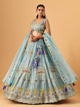 Light grey raw silk lehenga choli with zardosi accents