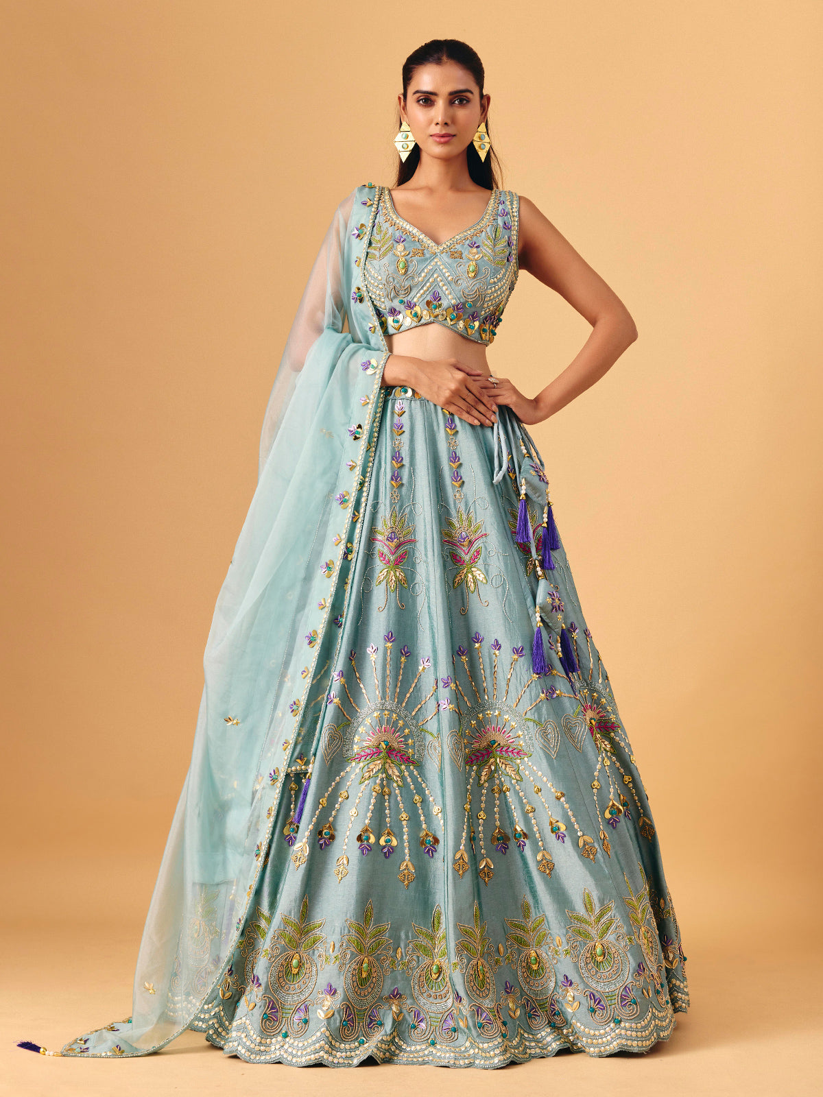 Light grey raw silk lehenga choli with zardosi accents