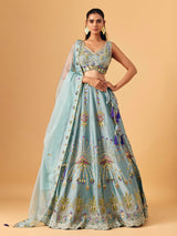 Light grey raw silk lehenga choli with zardosi accents